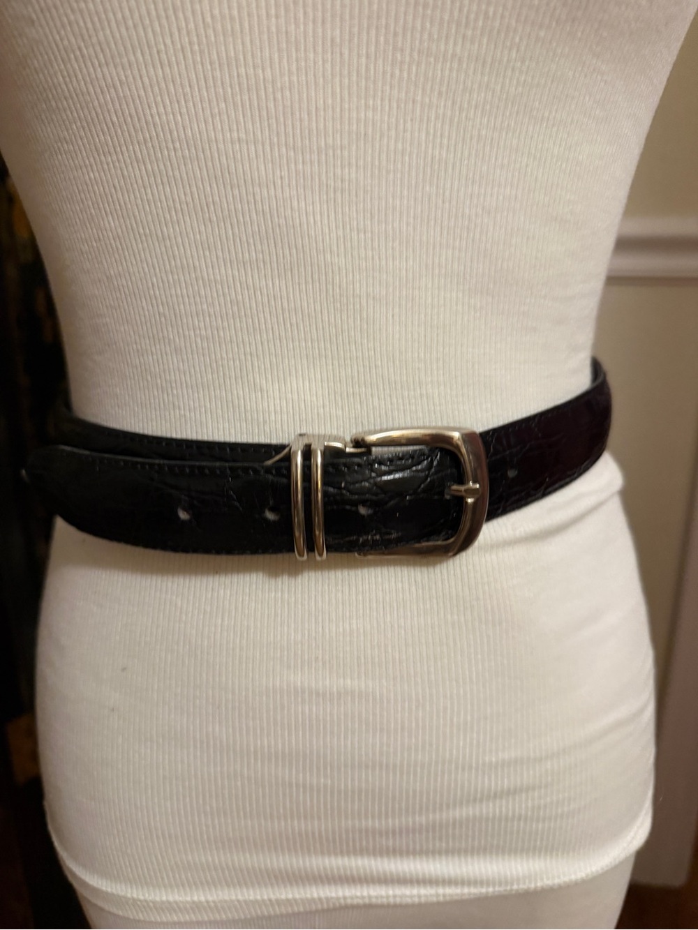 Vintage Italian Black Leather Belt with Silver Buckle